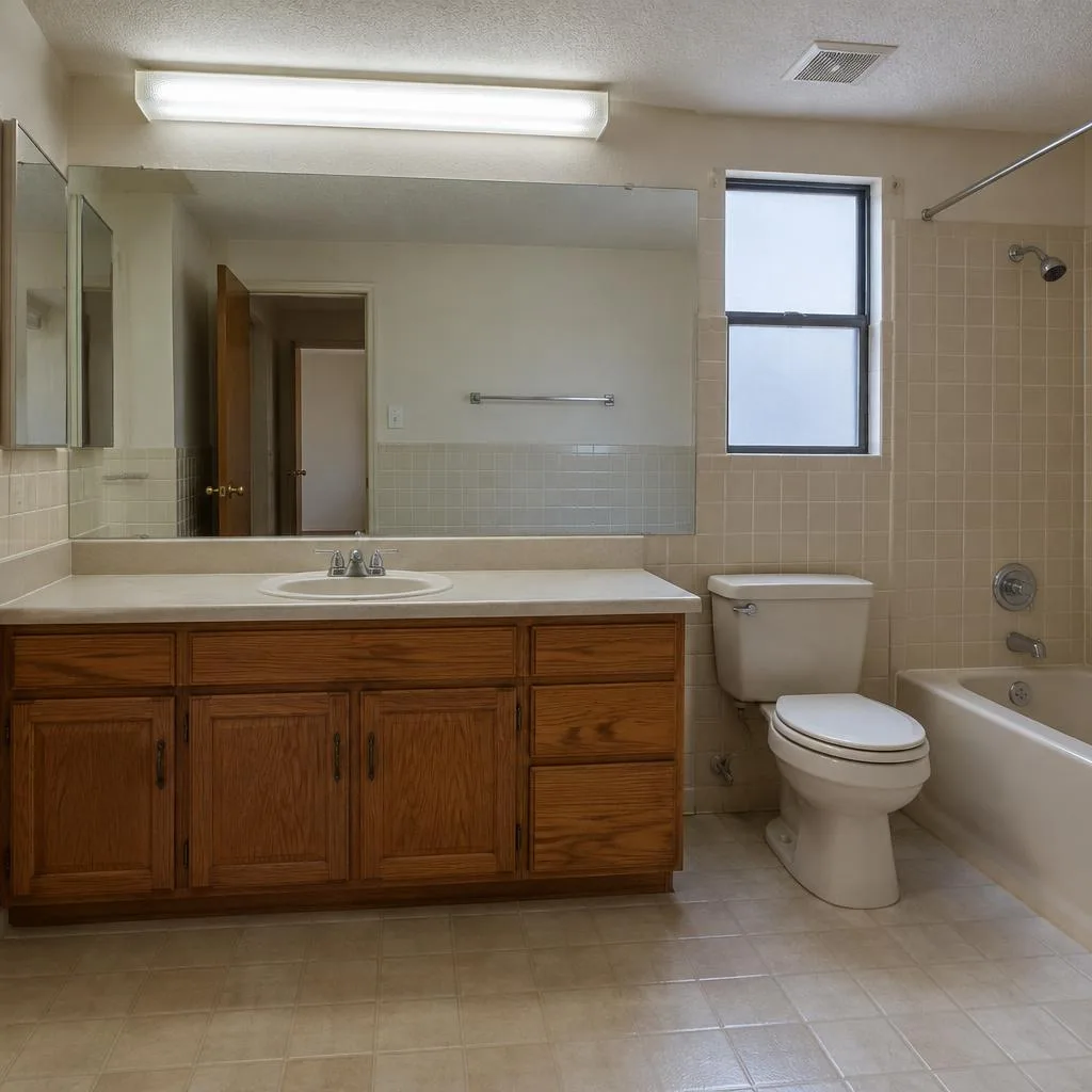 Before bathroom design & remodel design concept: From dated to deeply restorative.