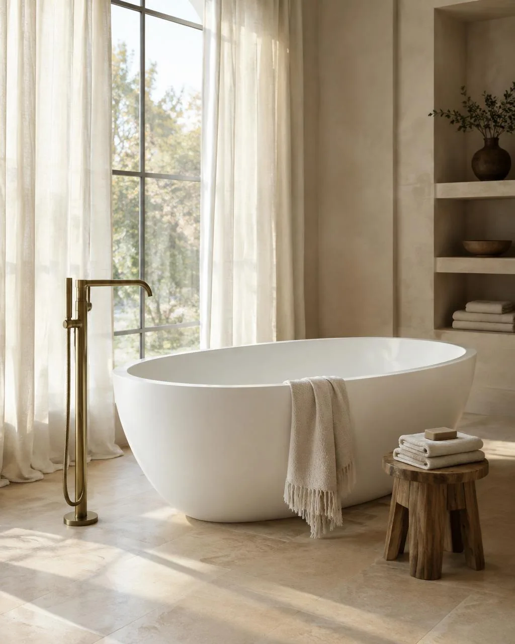 Freestanding soaking tub beside a tall window with sheer curtains