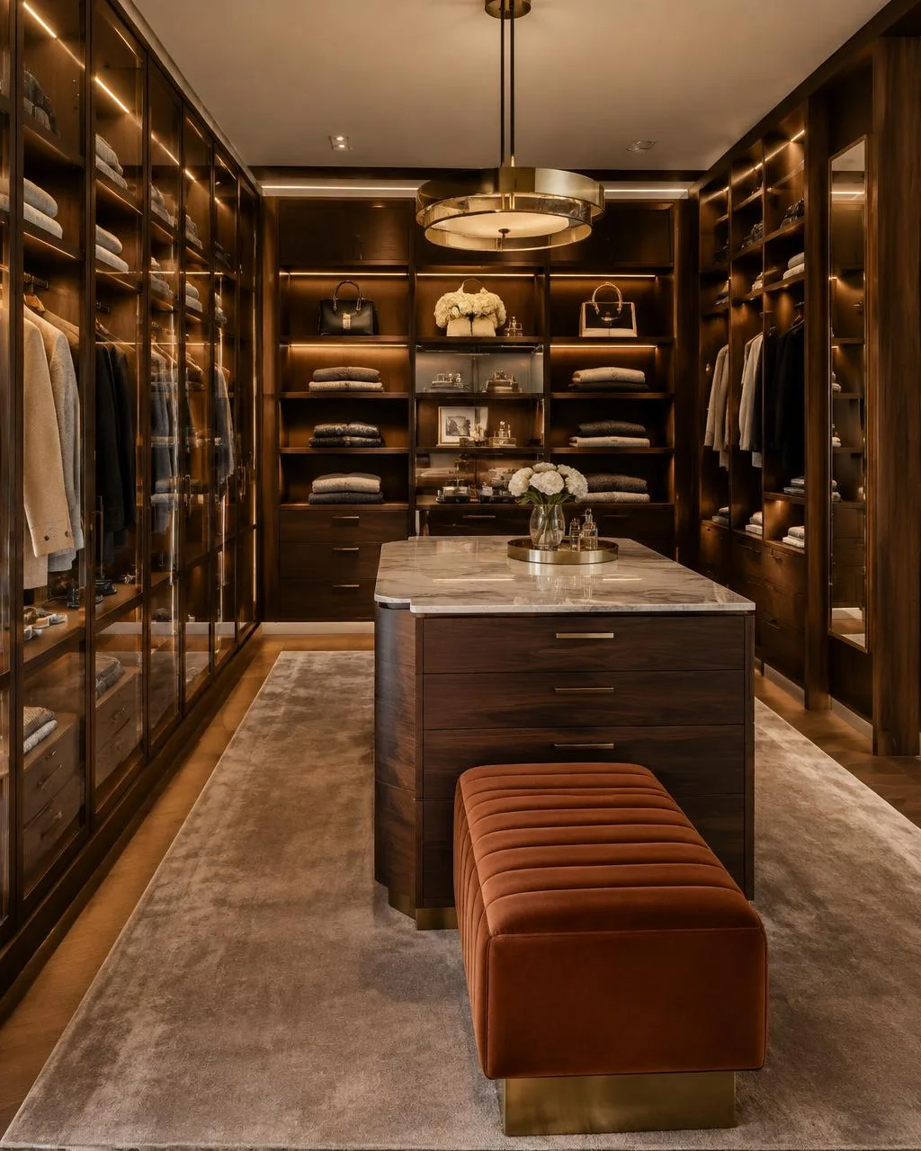 Luxury walk-in dressing room with a central island and lit display shelving