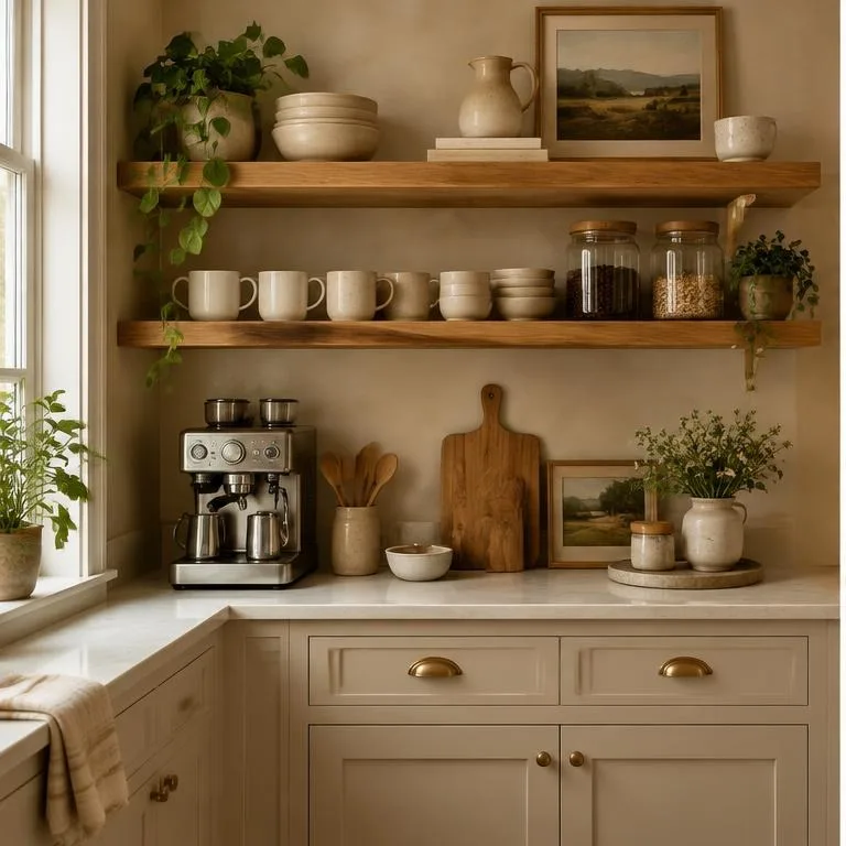 Warm kitchen coffee corner with open shelving