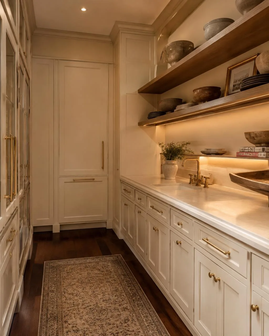 Cream butler's pantry with layered lighting