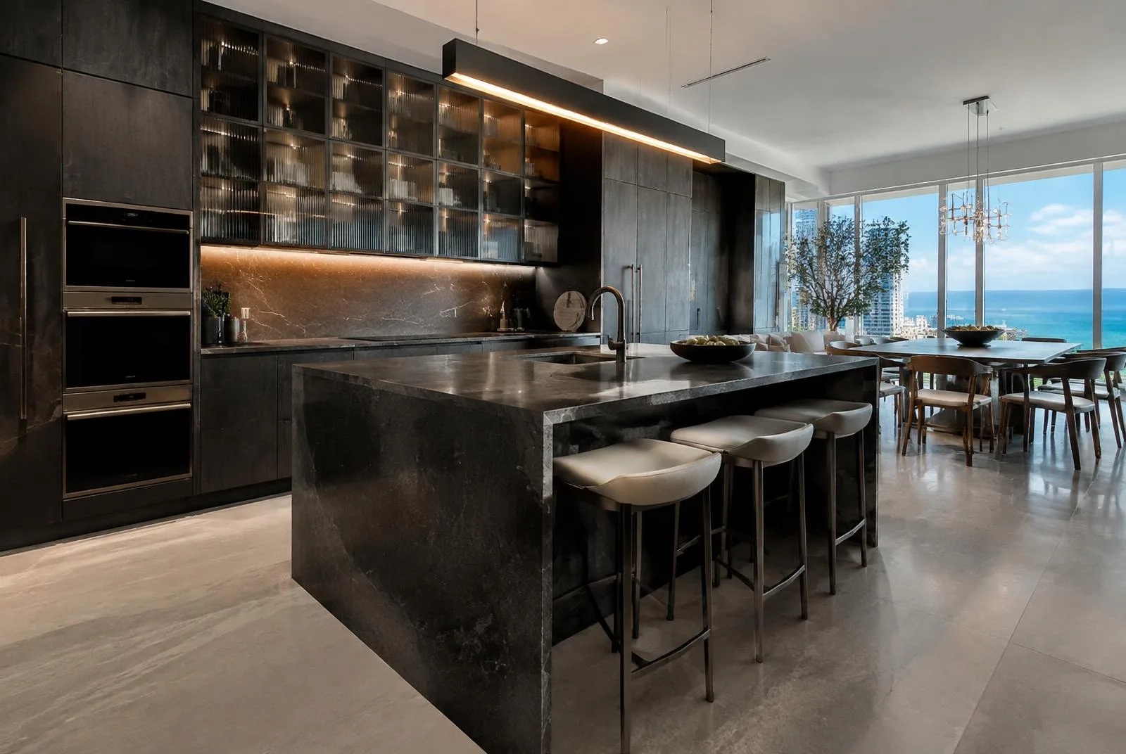 Moody dark kitchen with veined stone island