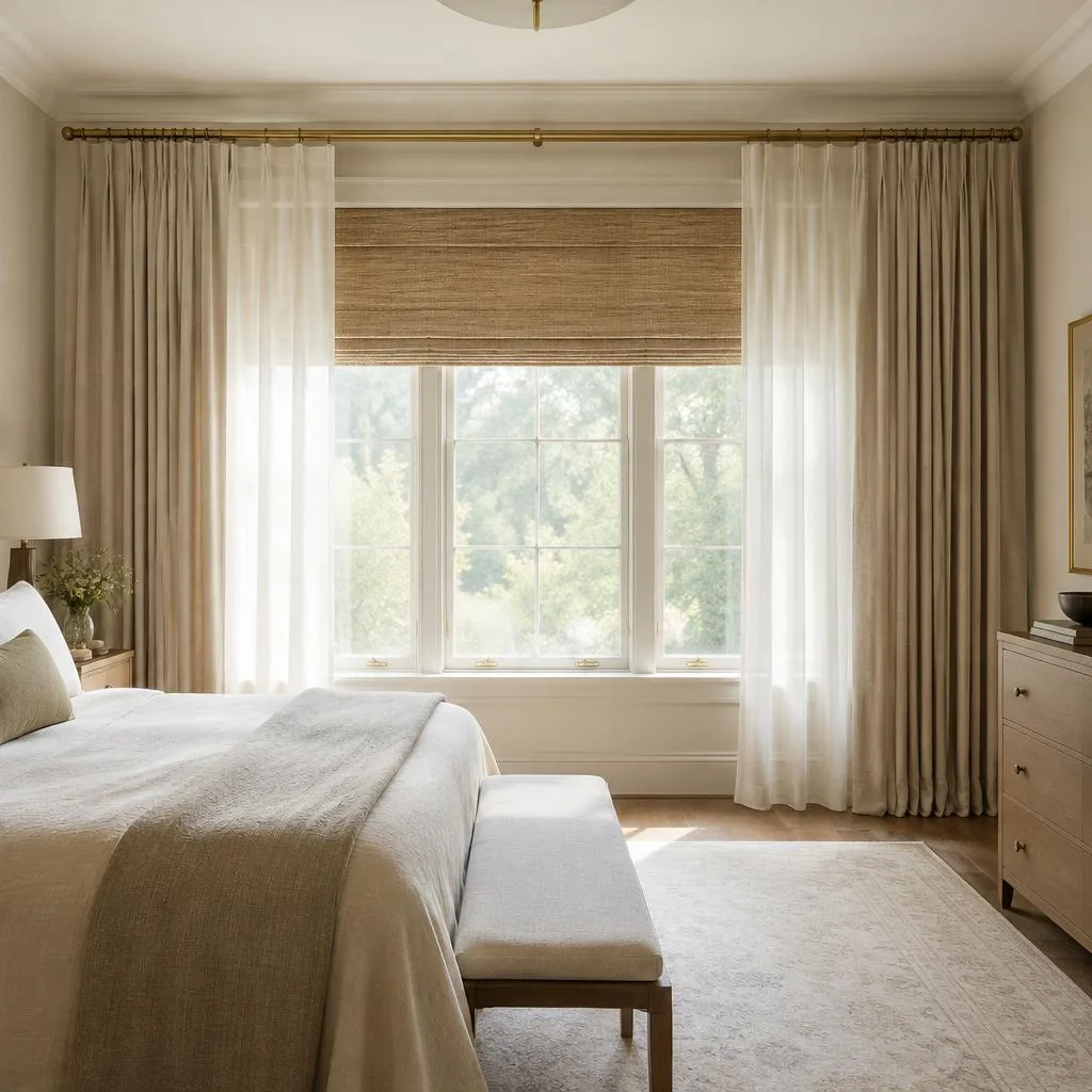 After window treatments & bedding design design concept: From harsh light to gentle mornings.
