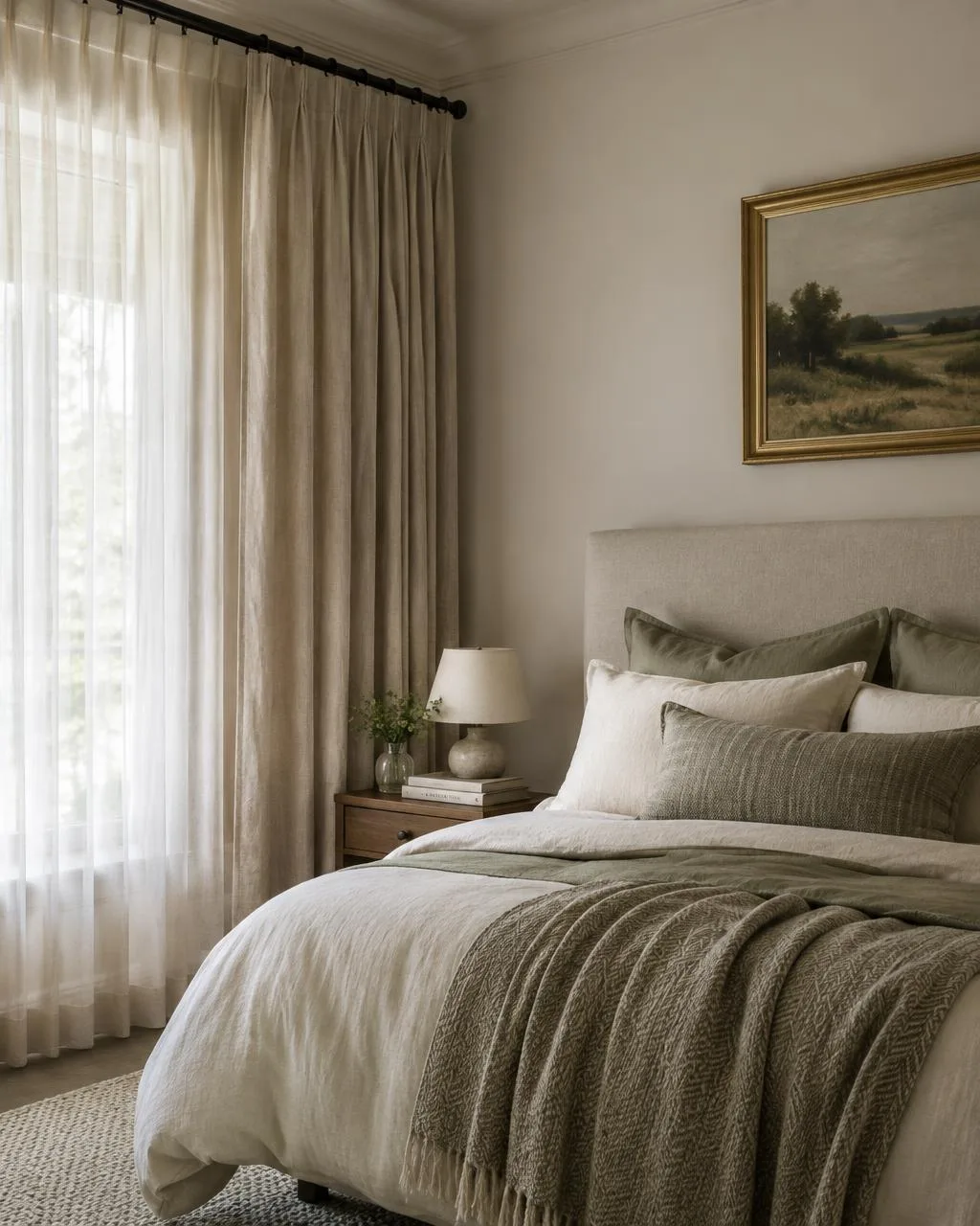 Bedroom with natural linen drapery and layered cream and sage bedding