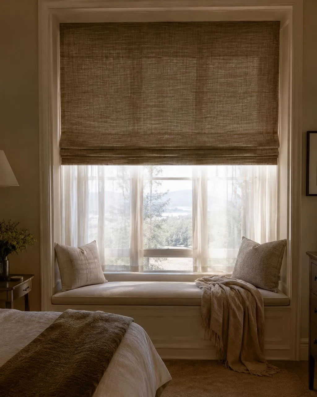 Bedroom window with a woven roman shade over sheer curtains and a cozy window bench